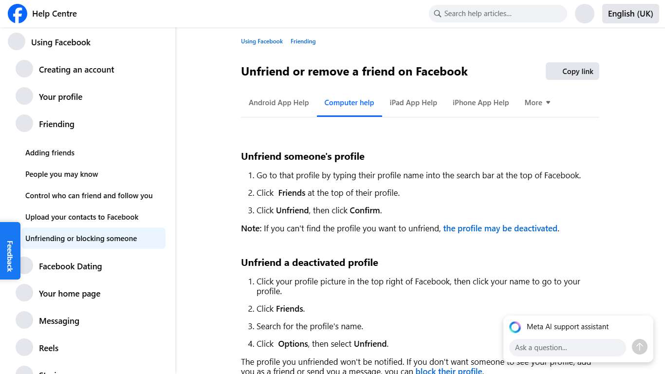 Unfriend or remove a friend on Facebook Facebook Help Centre