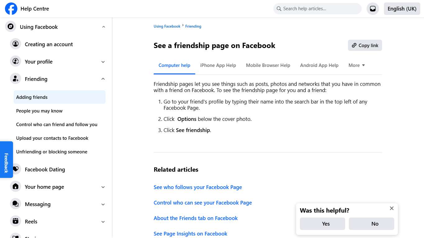 See a friendship page on Facebook Facebook Help Centre
